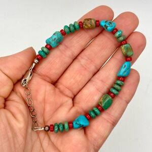 Chic Hippie Blue Turquoise and Red Coral BOHO Bracelet Southwestern 7" to 8"